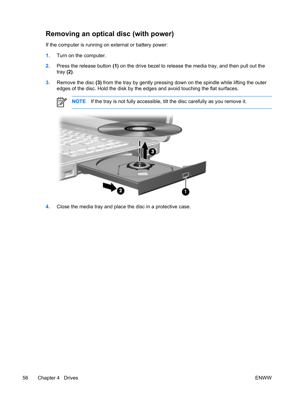 Removing an optical disc (with power) | HP Compaq Presario C310EU Notebook PC User Manual | Page 62 / 87