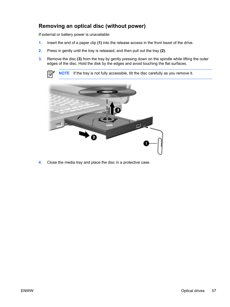 Removing an optical disc (without power) | HP Compaq Presario C310EU Notebook PC User Manual | Page 63 / 87