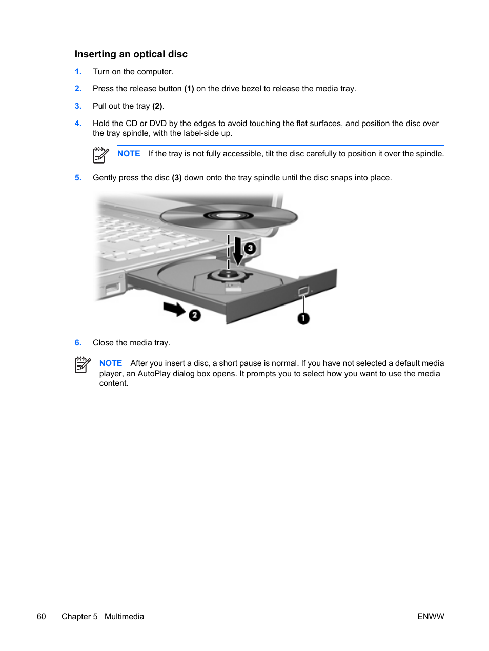 Inserting an optical disc | HP Compaq Presario C310EU Notebook PC User Manual | Page 66 / 87