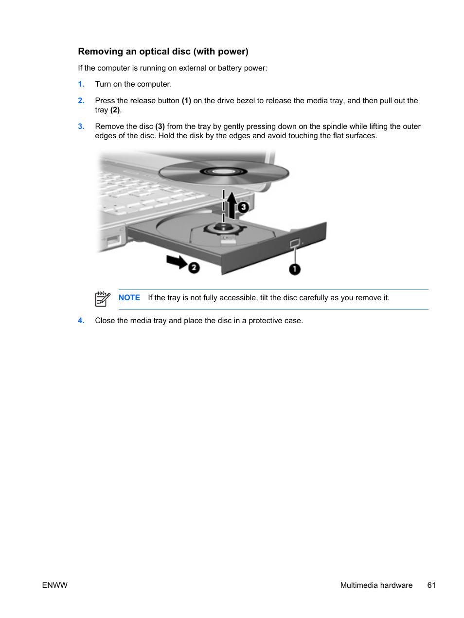 Removing an optical disc (with power) | HP Compaq Presario C310EU Notebook PC User Manual | Page 67 / 87