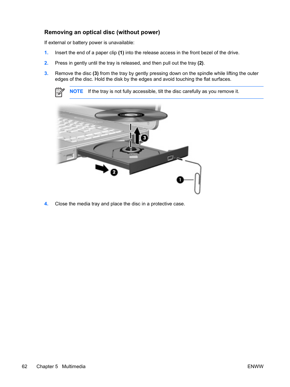 Removing an optical disc (without power) | HP Compaq Presario C310EU Notebook PC User Manual | Page 68 / 87