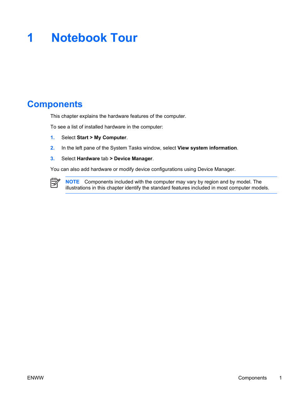 Notebook tour, Components, 1 notebook tour | HP Compaq Presario C310EU Notebook PC User Manual | Page 7 / 87