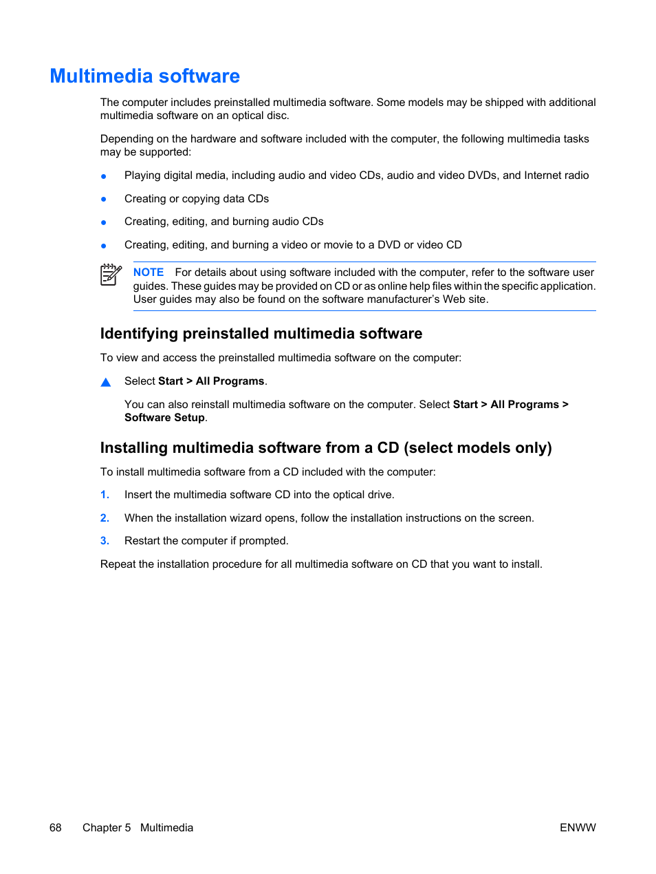 Multimedia software, Identifying preinstalled multimedia software | HP Compaq Presario C310EU Notebook PC User Manual | Page 74 / 87