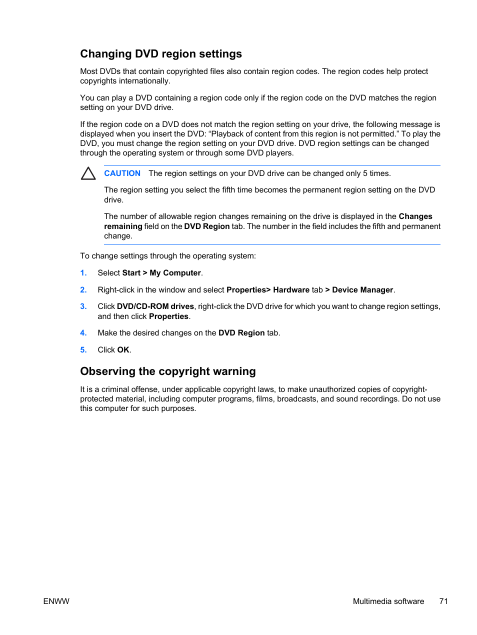 Changing dvd region settings, Observing the copyright warning | HP Compaq Presario C310EU Notebook PC User Manual | Page 77 / 87