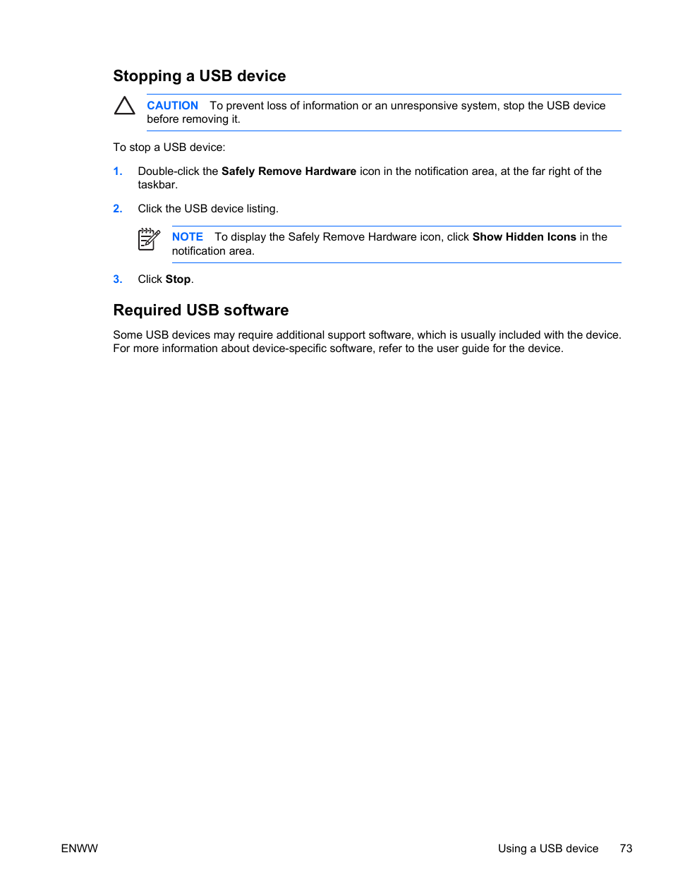 Stopping a usb device, Required usb software, Stopping a usb device required usb software | HP Compaq Presario C310EU Notebook PC User Manual | Page 79 / 87