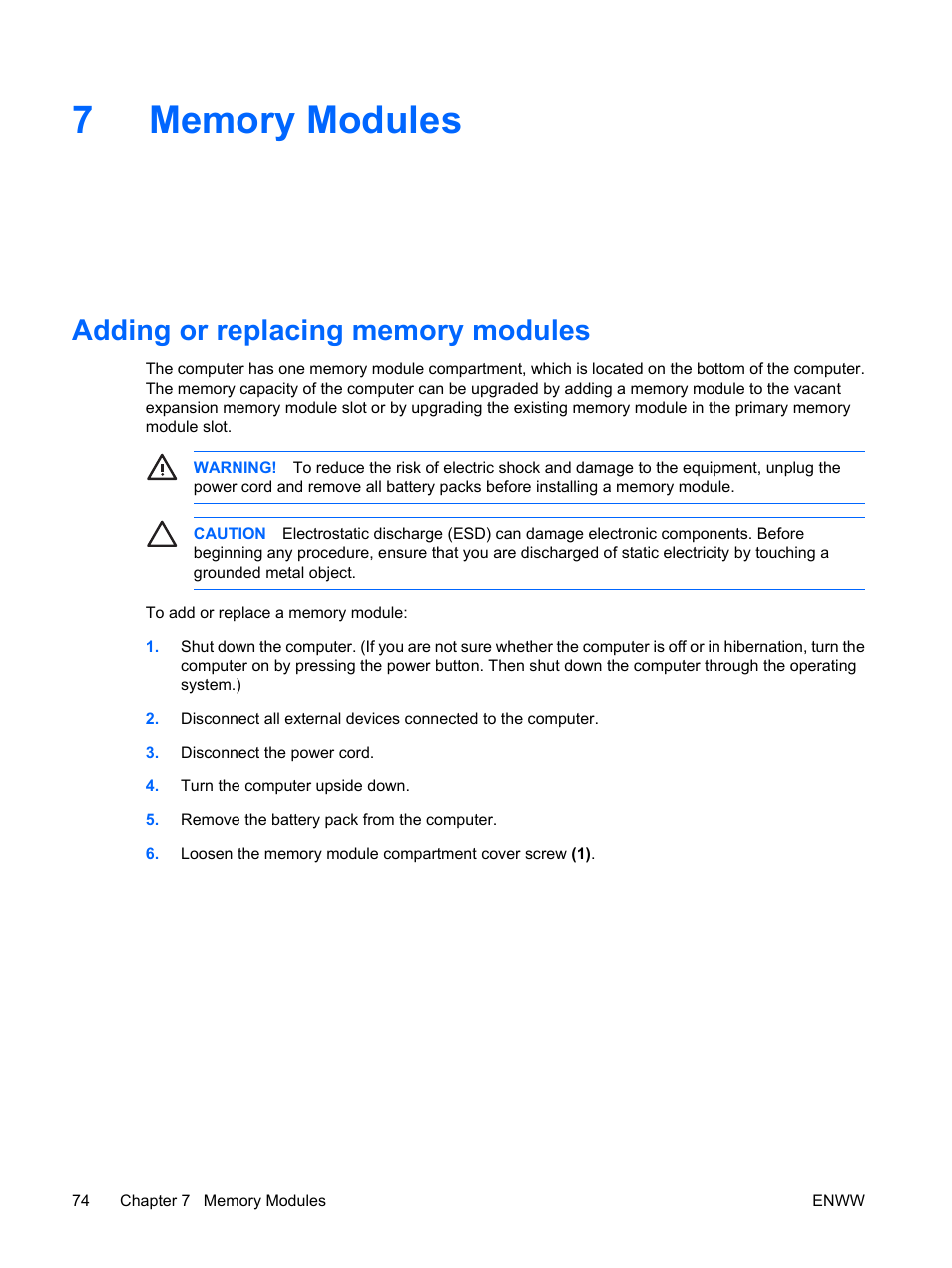 Memory modules, Adding or replacing memory modules, 7 memory modules | HP Compaq Presario C310EU Notebook PC User Manual | Page 80 / 87