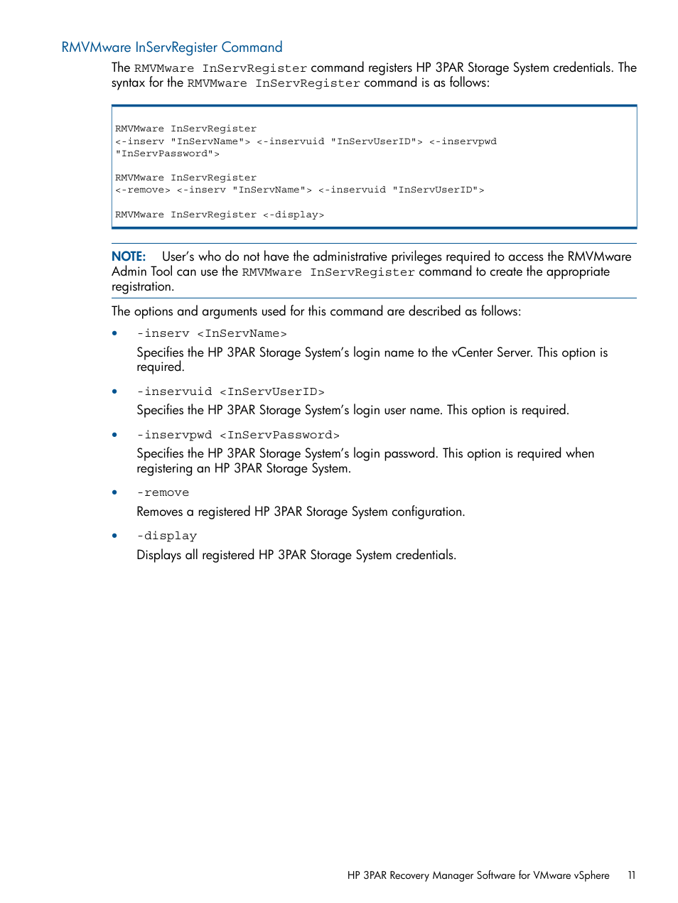 Rmvmware inservregister command | HP 3PAR Application Software Suite for VMware User Manual | Page 11 / 104