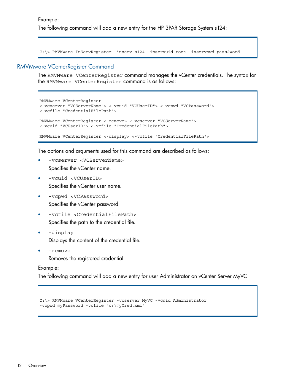 Rmvmware vcenterregister command | HP 3PAR Application Software Suite for VMware User Manual | Page 12 / 104