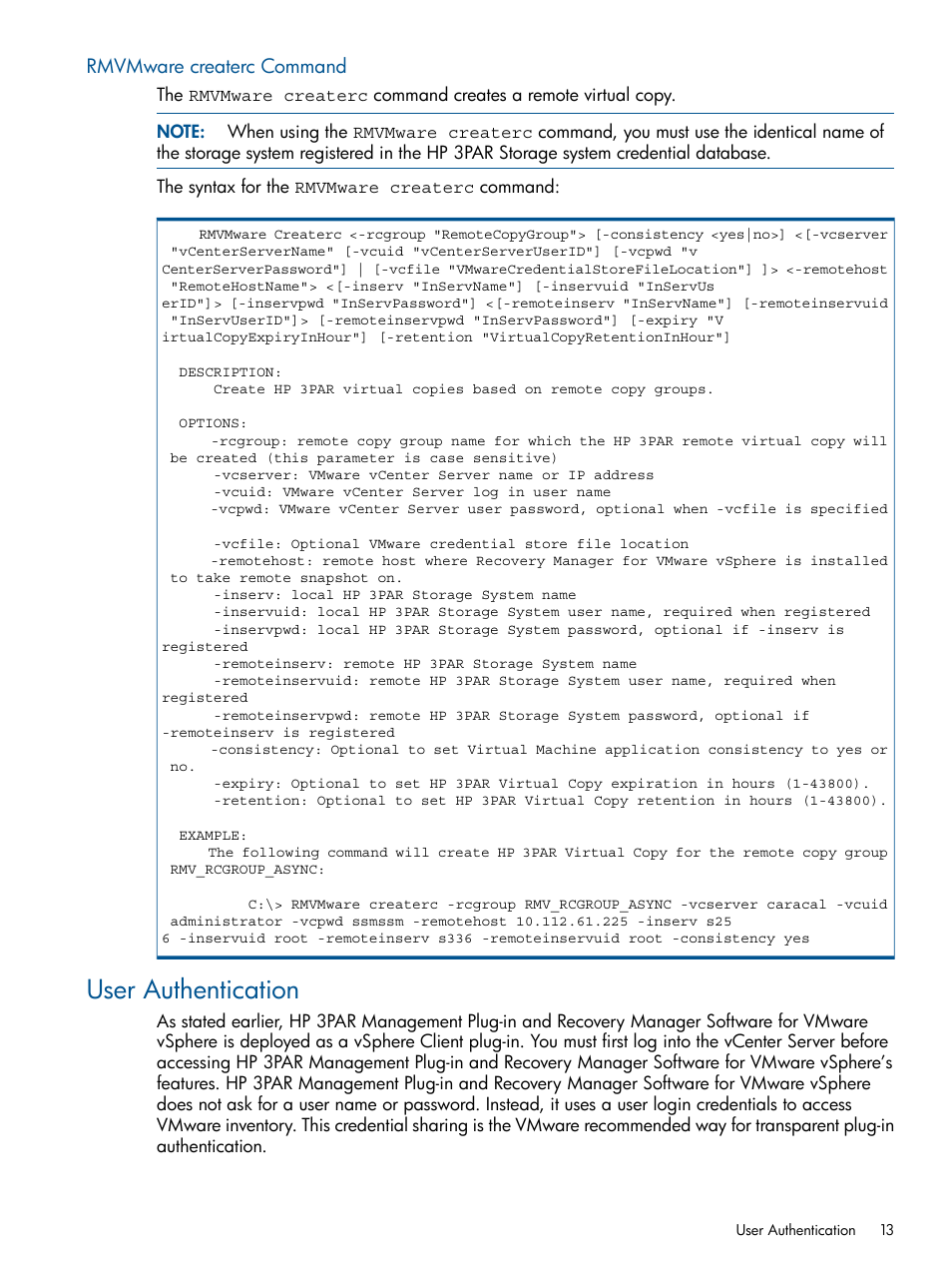 Rmvmware createrc command, User authentication | HP 3PAR Application Software Suite for VMware User Manual | Page 13 / 104