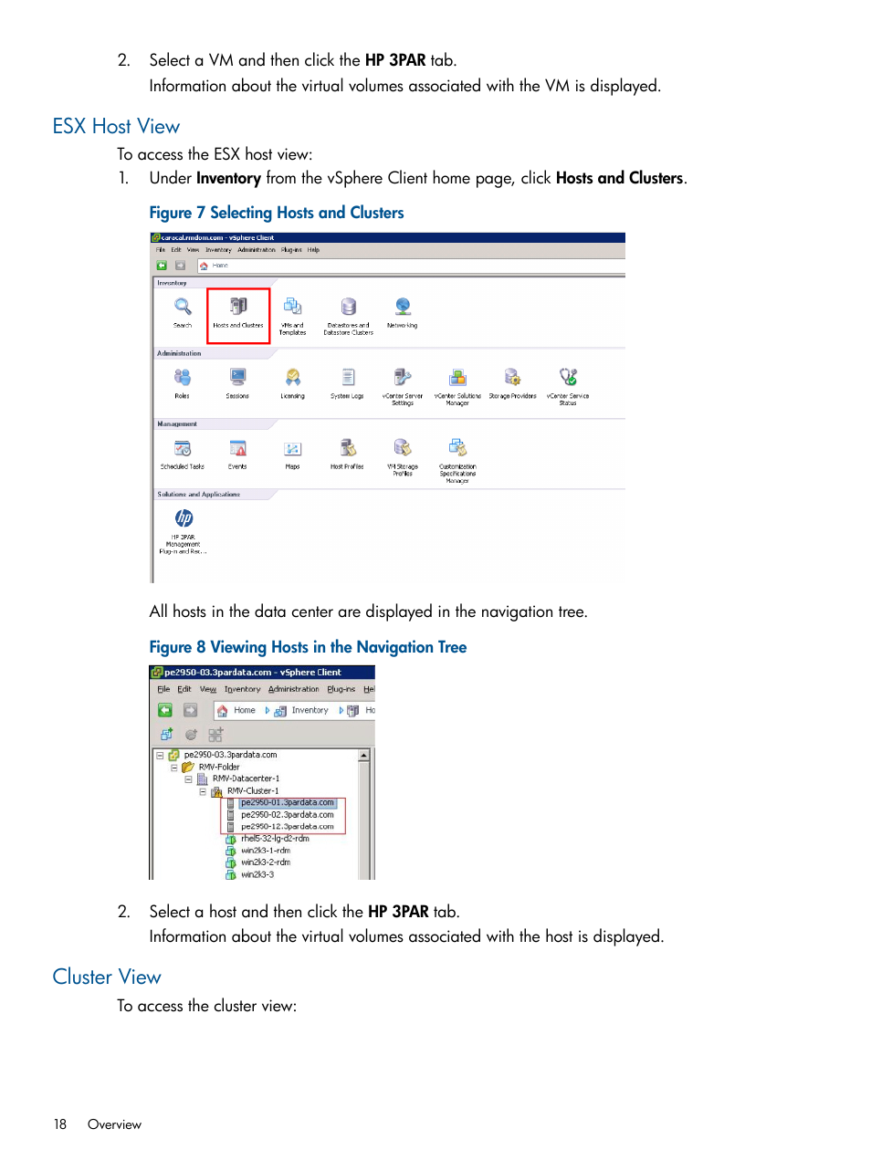 Esx host view, Cluster view, Esx host view cluster view | HP 3PAR Application Software Suite for VMware User Manual | Page 18 / 104