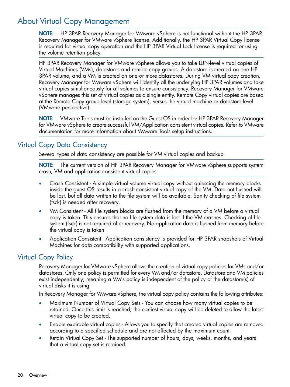 About virtual copy management, Virtual copy data consistency, Virtual copy policy | Virtual copy data consistency virtual copy policy | HP 3PAR Application Software Suite for VMware User Manual | Page 20 / 104