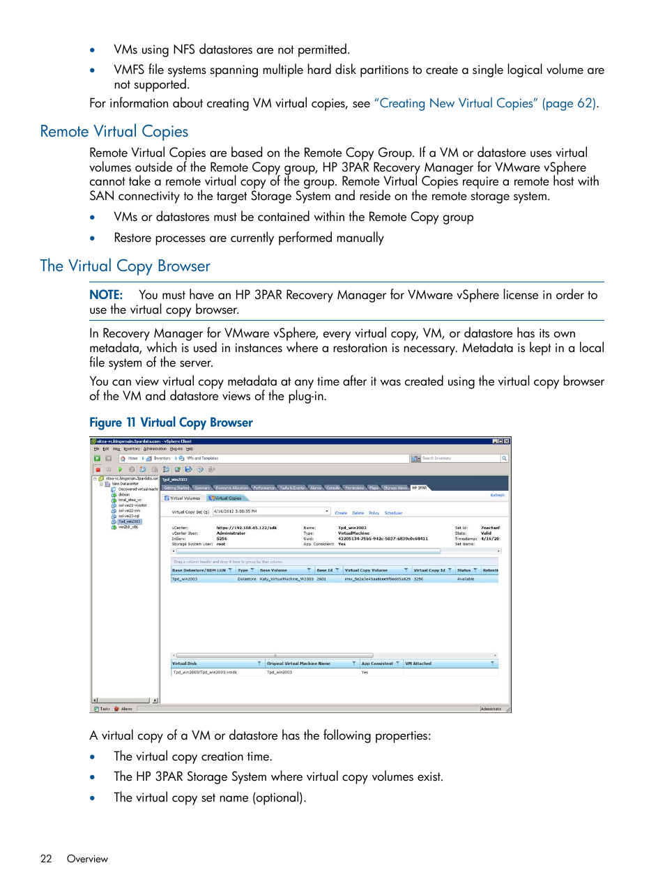 Remote virtual copies, The virtual copy browser, Remote virtual copies the virtual copy browser | HP 3PAR Application Software Suite for VMware User Manual | Page 22 / 104