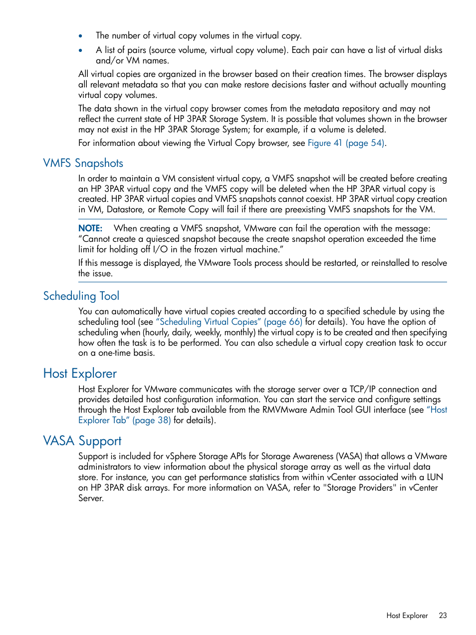 Vmfs snapshots, Scheduling tool, Host explorer | Vasa support, Vmfs snapshots scheduling tool, Host explorer vasa support | HP 3PAR Application Software Suite for VMware User Manual | Page 23 / 104