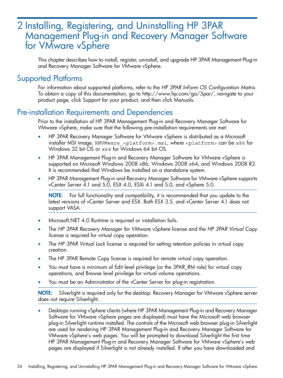 Supported platforms, Pre-installation requirements and dependencies | HP 3PAR Application Software Suite for VMware User Manual | Page 24 / 104