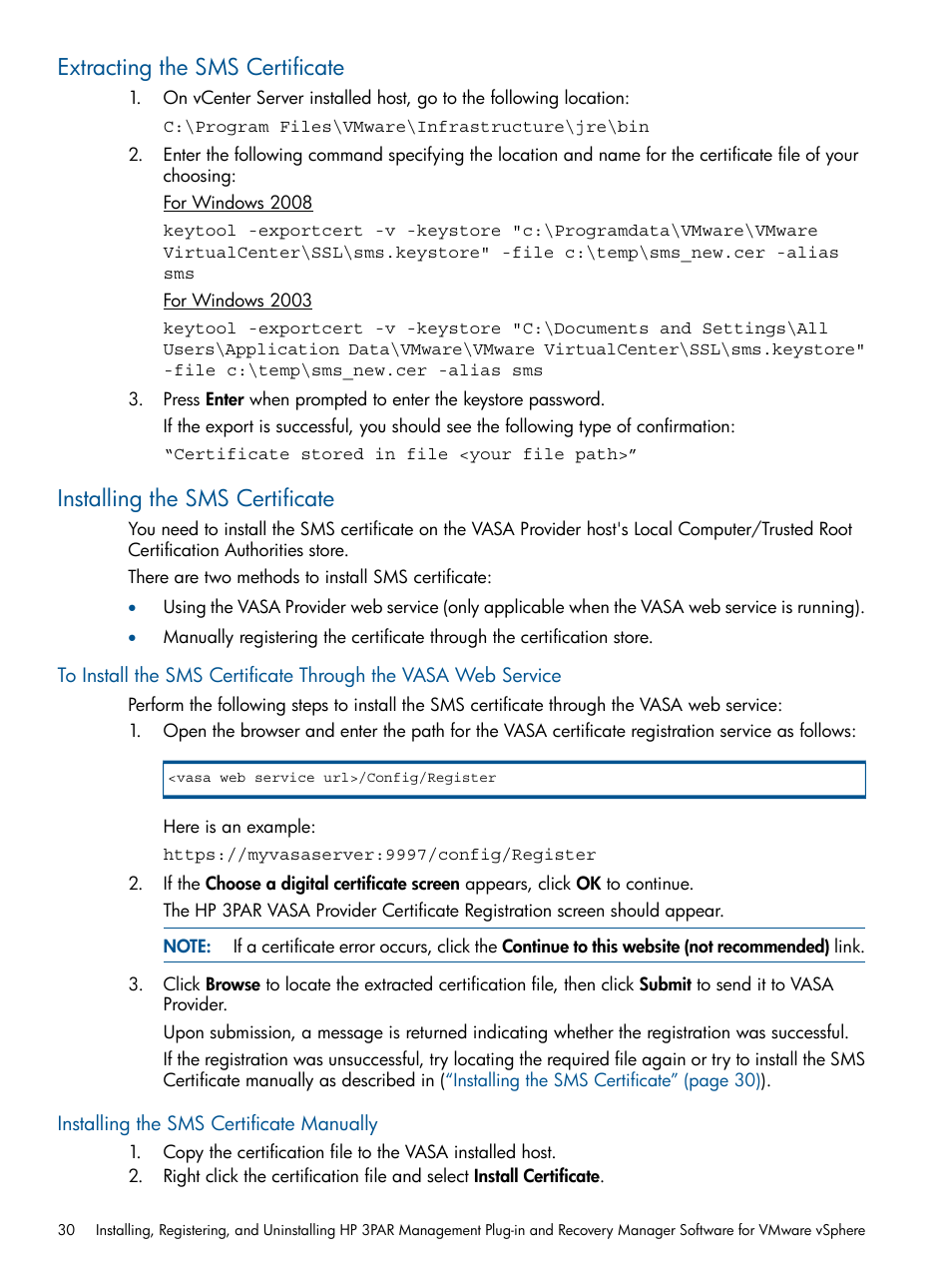Extracting the sms certificate, Installing the sms certificate, Installing the sms certificate manually | HP 3PAR Application Software Suite for VMware User Manual | Page 30 / 104