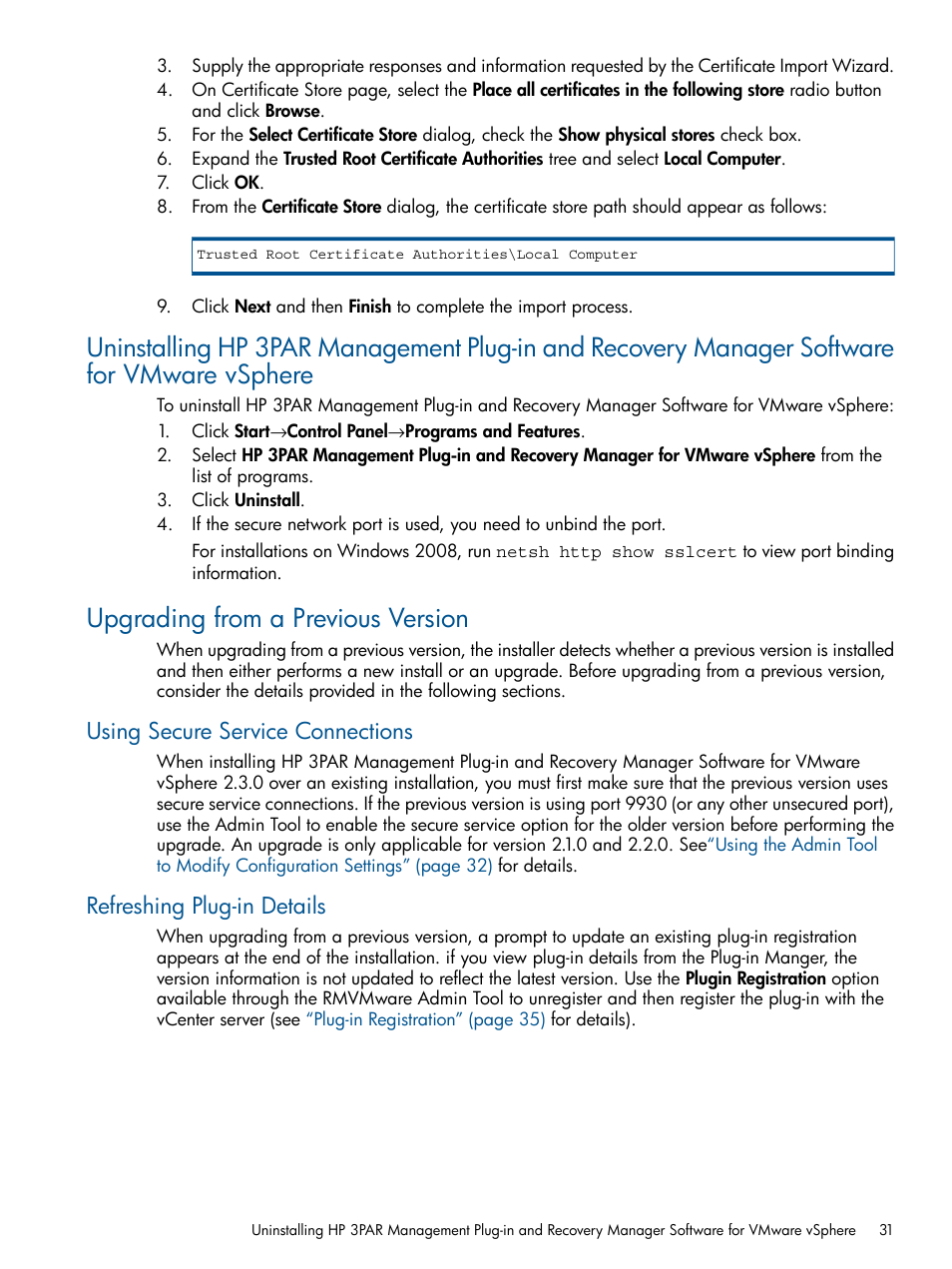 Upgrading from a previous version, Using secure service connections, Refreshing plug-in details | HP 3PAR Application Software Suite for VMware User Manual | Page 31 / 104