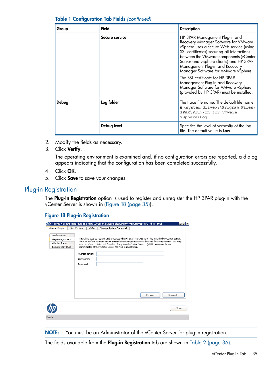 Plug-in registration | HP 3PAR Application Software Suite for VMware User Manual | Page 35 / 104