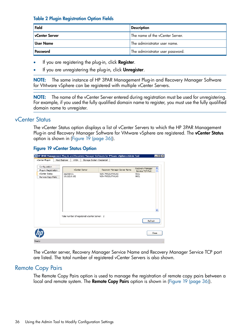 Vcenter status, Remote copy pairs, Vcenter status remote copy pairs | HP 3PAR Application Software Suite for VMware User Manual | Page 36 / 104