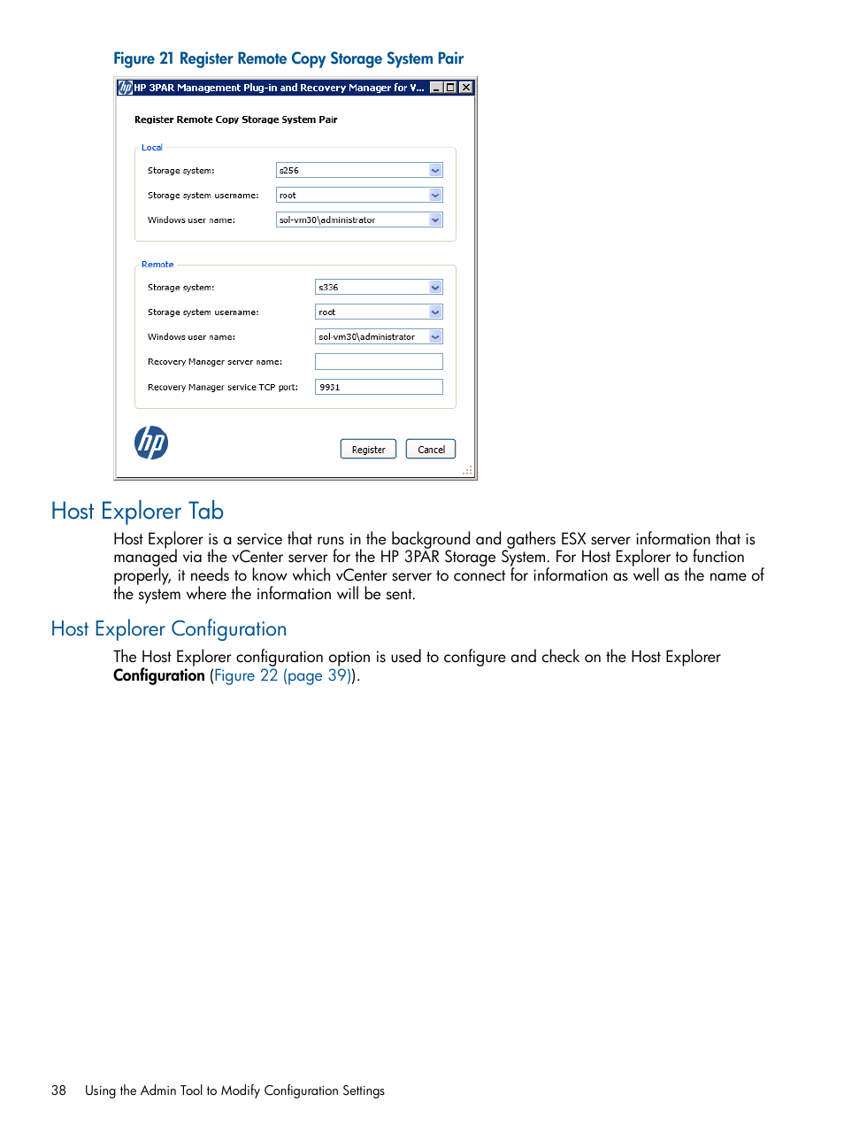 Host explorer tab, Host explorer configuration, Host | HP 3PAR Application Software Suite for VMware User Manual | Page 38 / 104