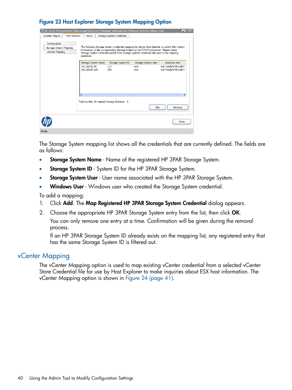 Vcenter mapping | HP 3PAR Application Software Suite for VMware User Manual | Page 40 / 104
