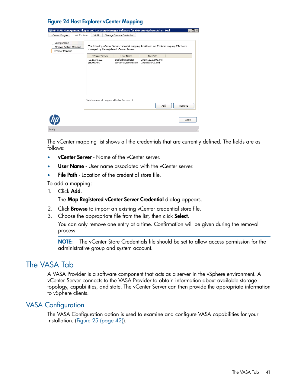 The vasa tab, Vasa configuration | HP 3PAR Application Software Suite for VMware User Manual | Page 41 / 104