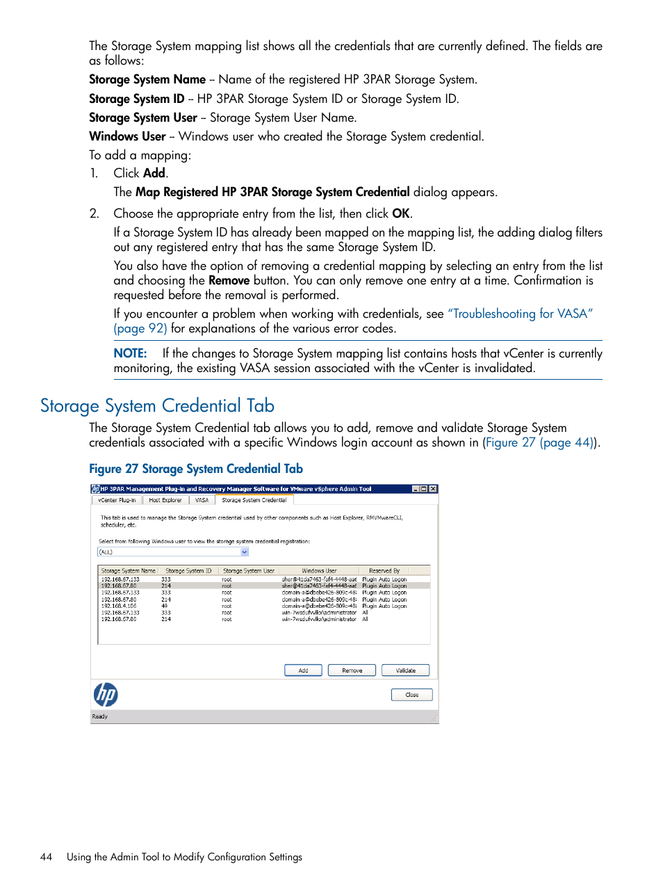 Storage system credential tab | HP 3PAR Application Software Suite for VMware User Manual | Page 44 / 104