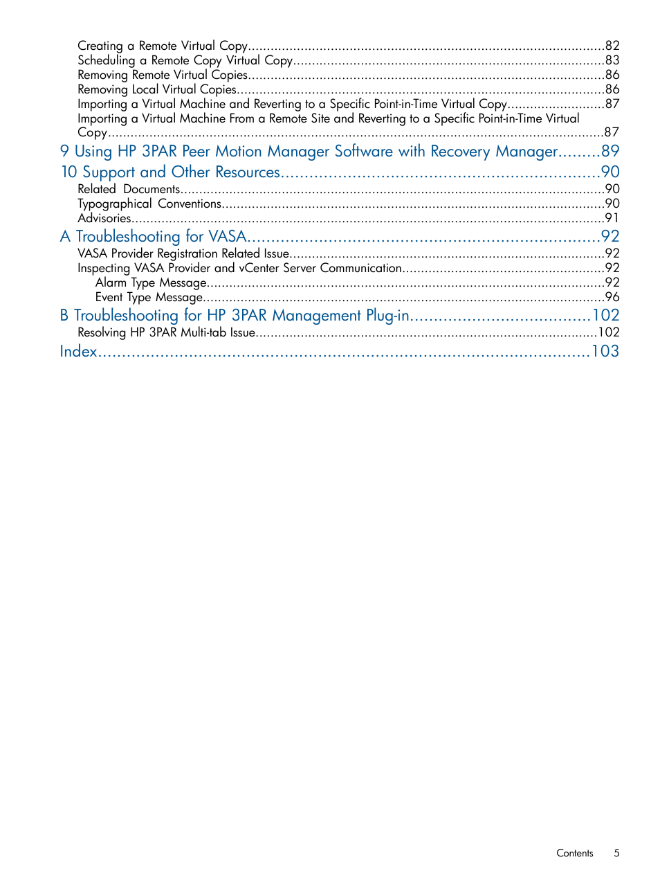 A troubleshooting for vasa, B troubleshooting for hp 3par management plug-in, Index | HP 3PAR Application Software Suite for VMware User Manual | Page 5 / 104