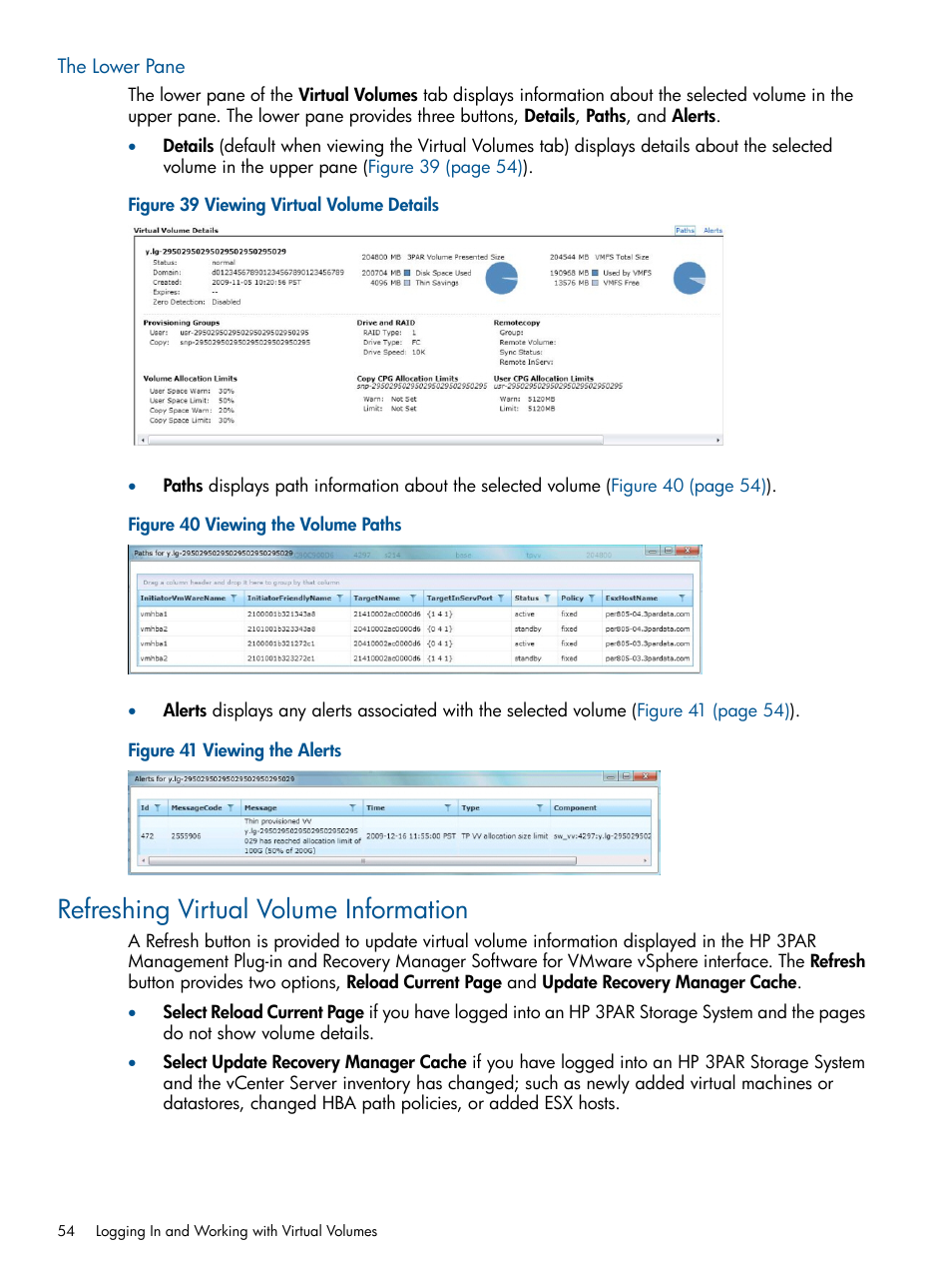 The lower pane, Refreshing virtual volume information | HP 3PAR Application Software Suite for VMware User Manual | Page 54 / 104
