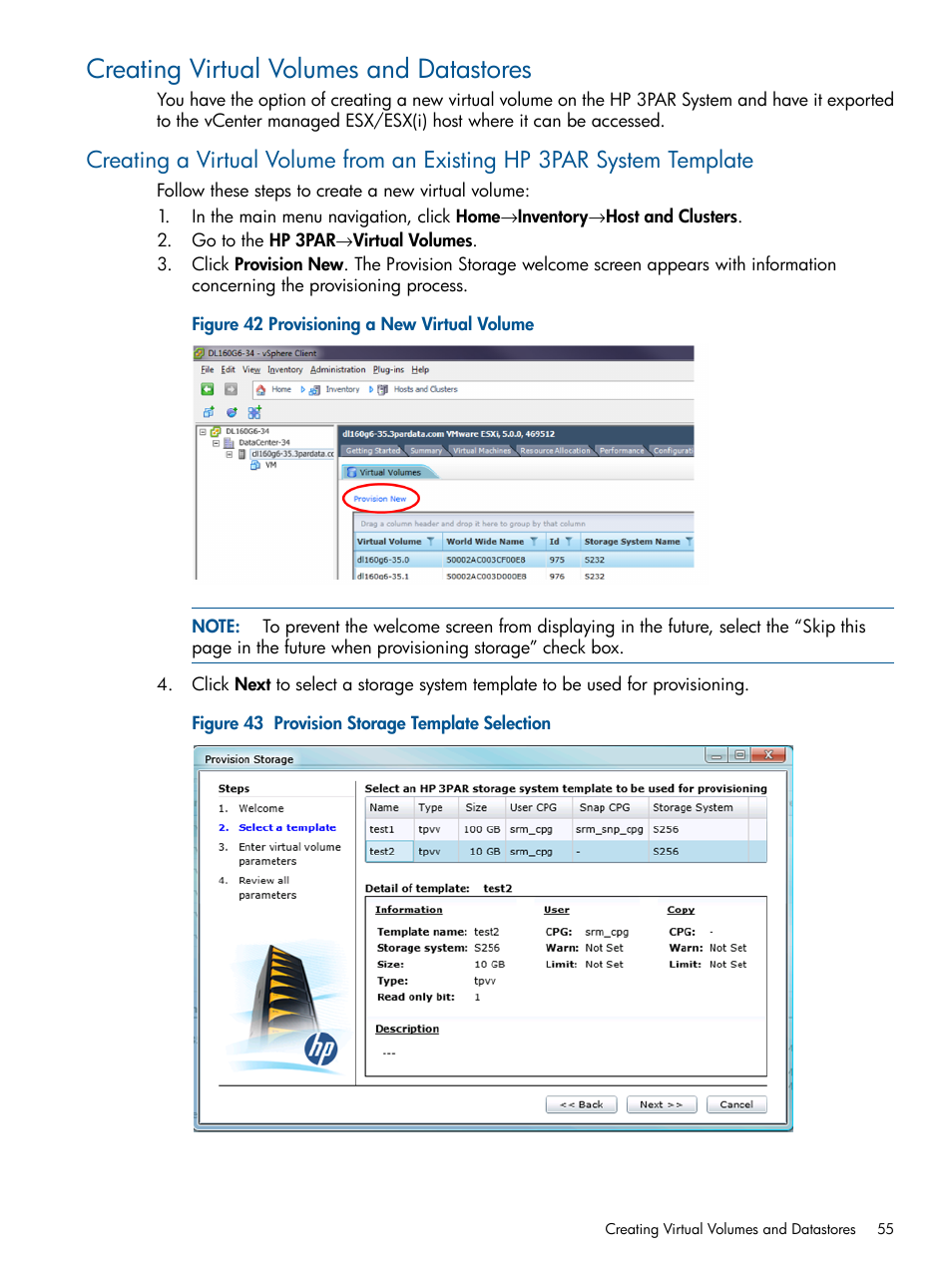 Creating virtual volumes and datastores, Creating a | HP 3PAR Application Software Suite for VMware User Manual | Page 55 / 104