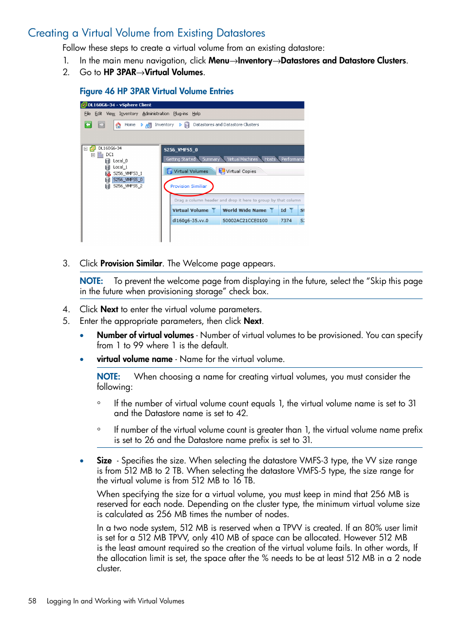 Creating a virtual volume from existing datastores | HP 3PAR Application Software Suite for VMware User Manual | Page 58 / 104