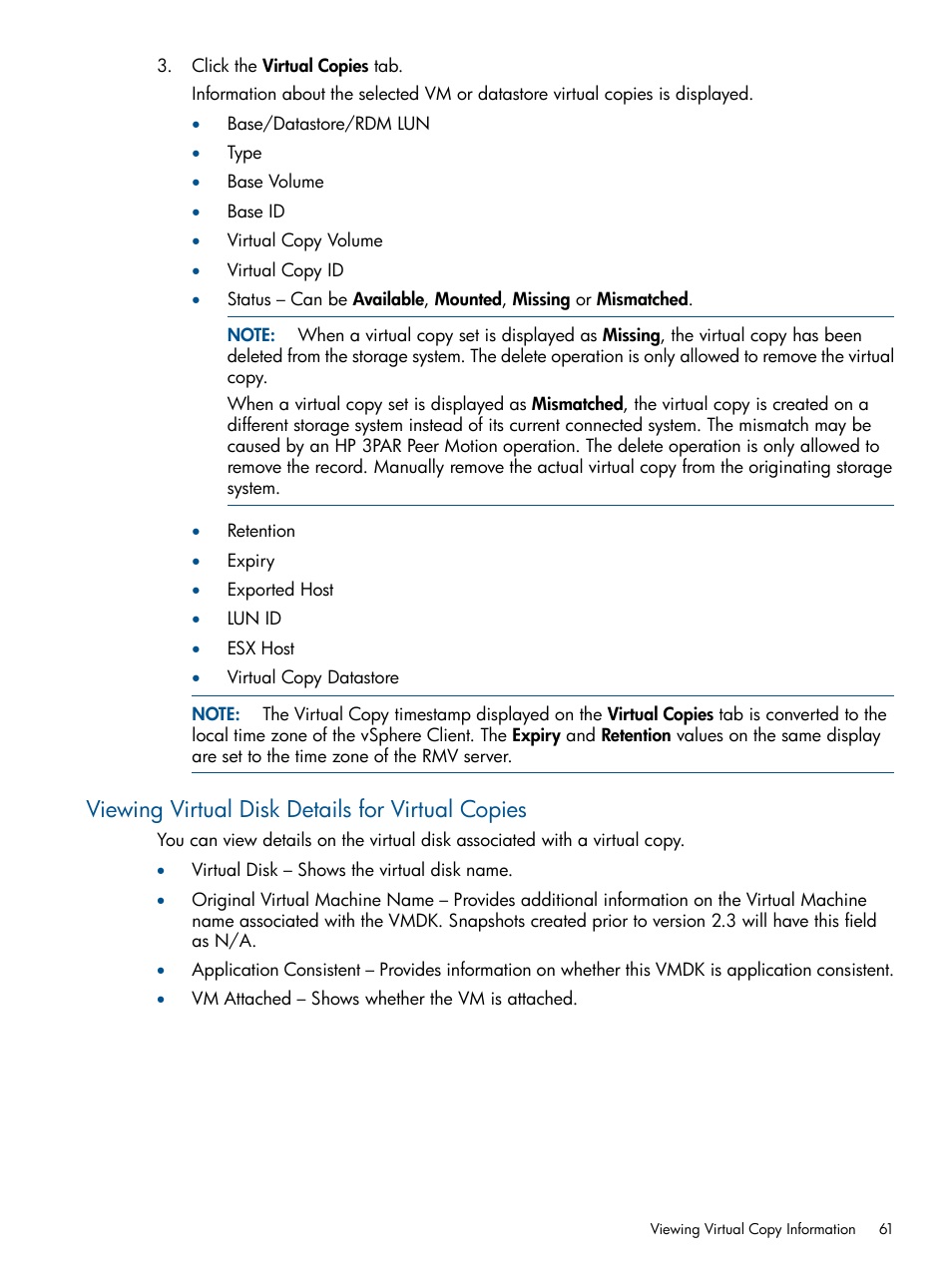 Viewing virtual disk details for virtual copies | HP 3PAR Application Software Suite for VMware User Manual | Page 61 / 104