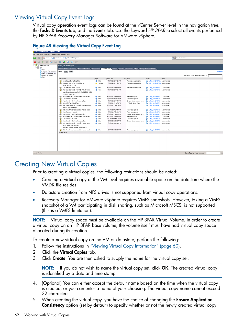 Viewing virtual copy event logs, Creating new virtual copies | HP 3PAR Application Software Suite for VMware User Manual | Page 62 / 104