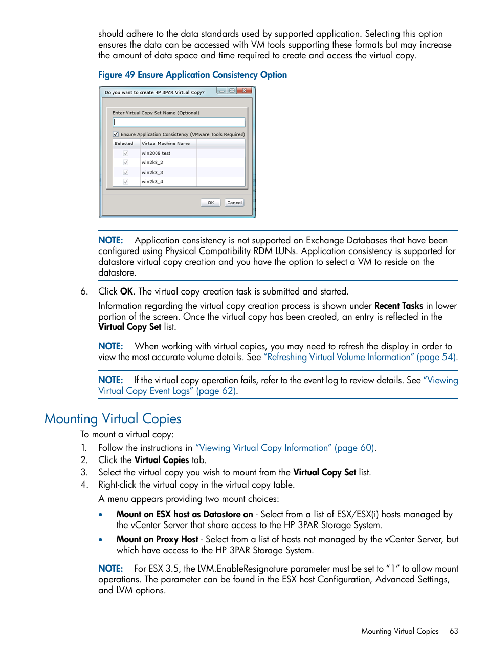 Mounting virtual copies | HP 3PAR Application Software Suite for VMware User Manual | Page 63 / 104