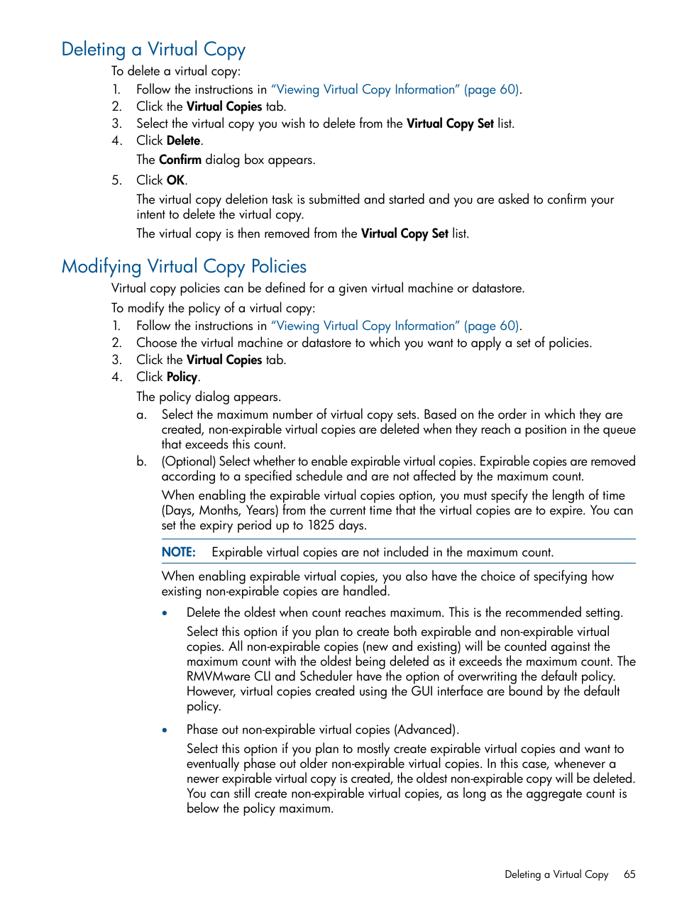 Deleting a virtual copy, Modifying virtual copy policies | HP 3PAR Application Software Suite for VMware User Manual | Page 65 / 104