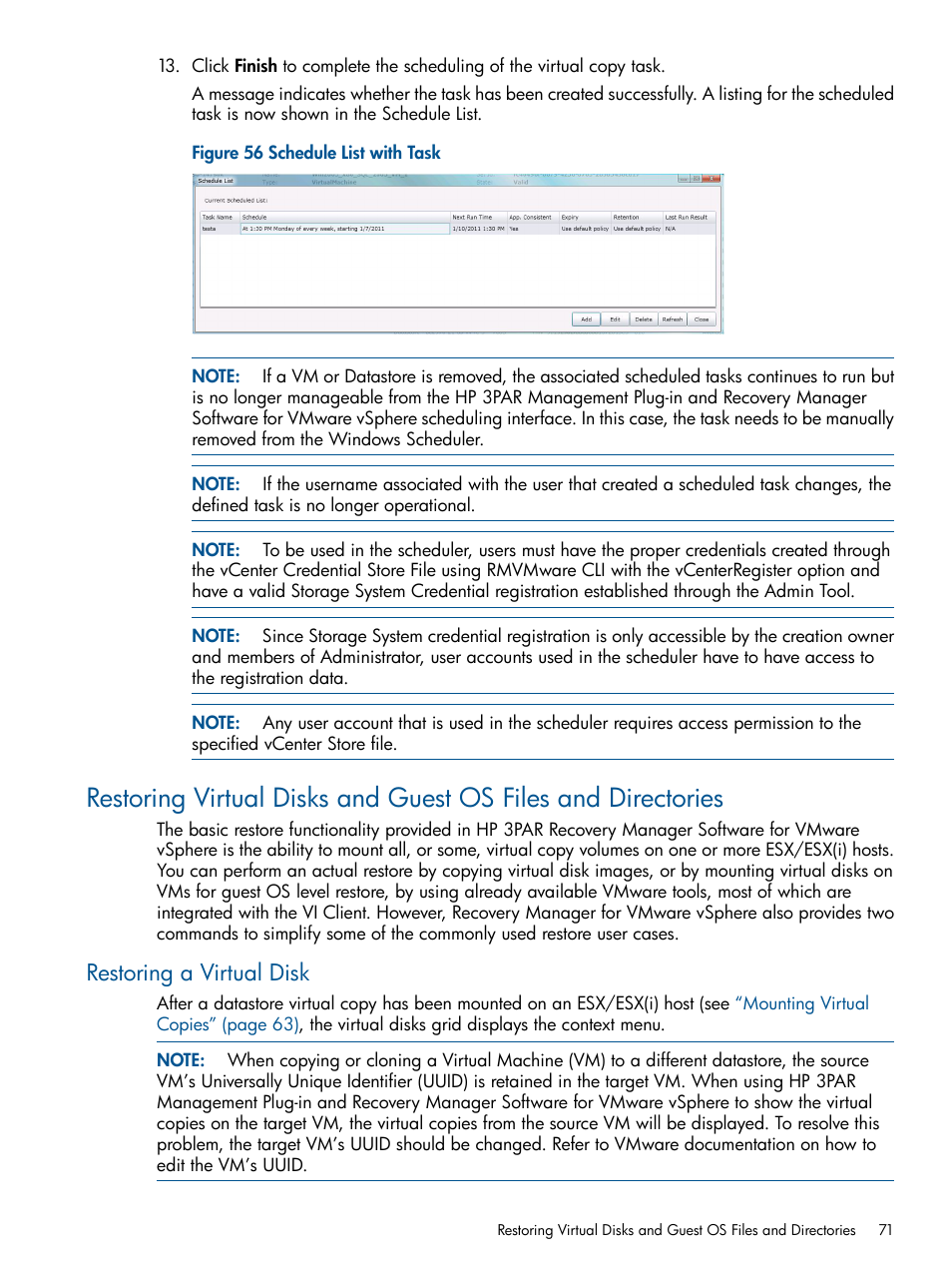 Restoring a virtual disk | HP 3PAR Application Software Suite for VMware User Manual | Page 71 / 104