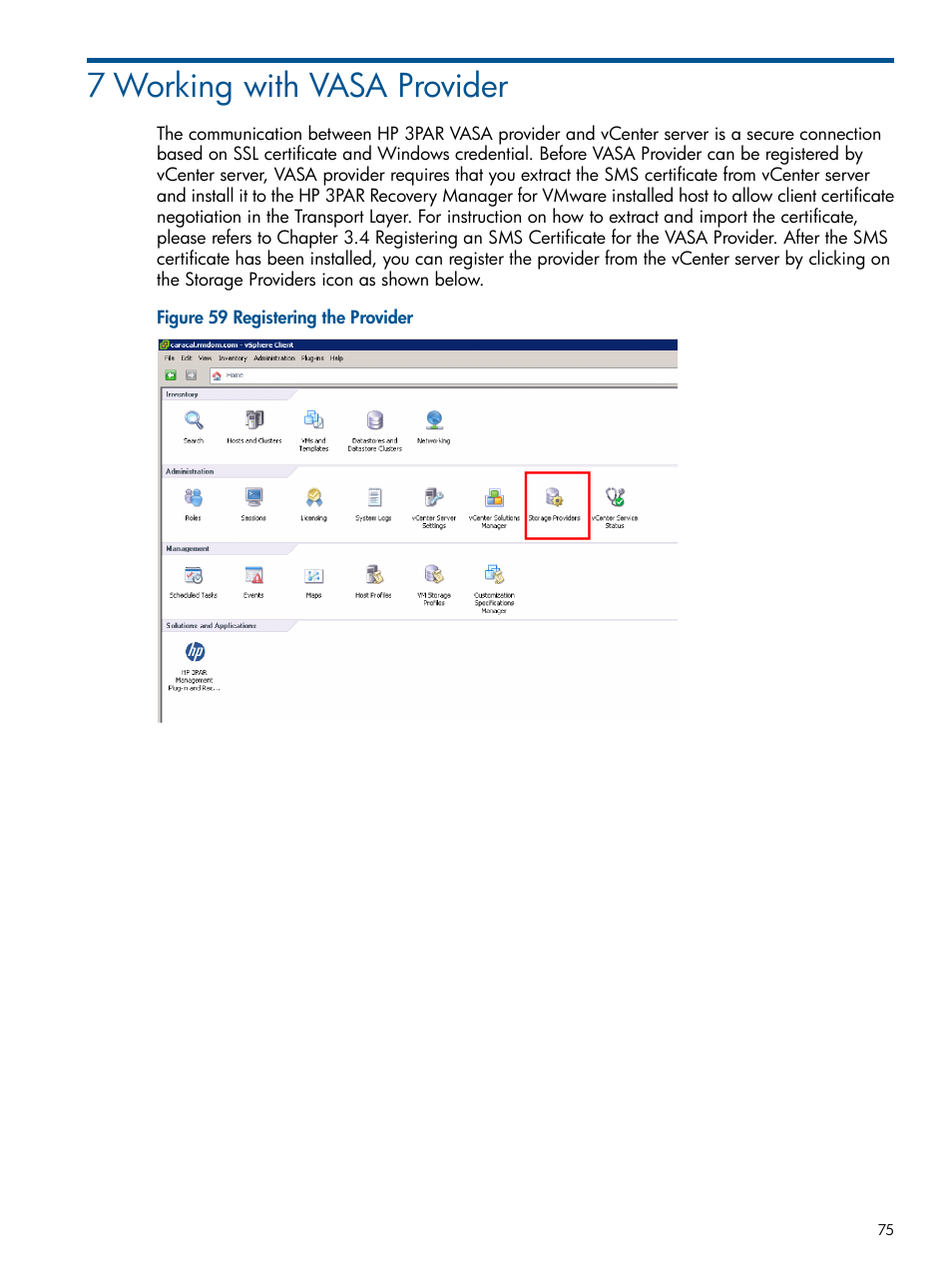 7 working with vasa provider | HP 3PAR Application Software Suite for VMware User Manual | Page 75 / 104