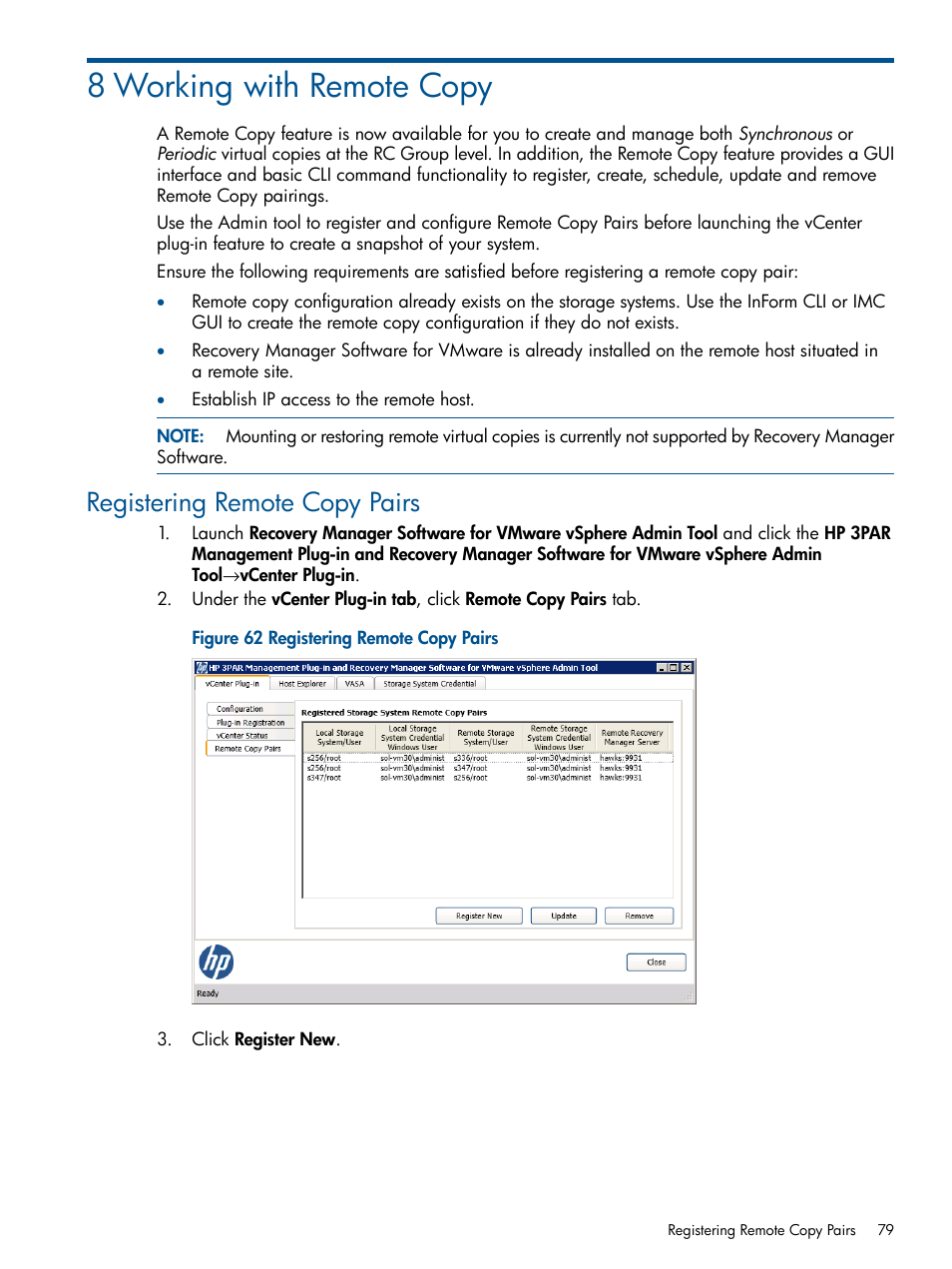 8 working with remote copy, Registering remote copy pairs | HP 3PAR Application Software Suite for VMware User Manual | Page 79 / 104