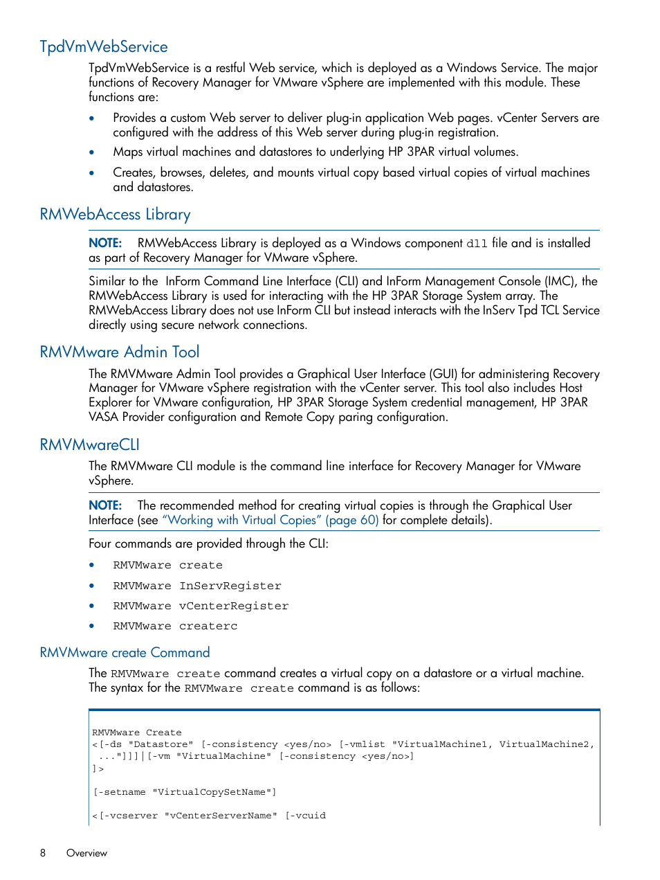 Tpdvmwebservice, Rmwebaccess library, Rmvmware admin tool | Rmvmwarecli, Rmvmware create command | HP 3PAR Application Software Suite for VMware User Manual | Page 8 / 104