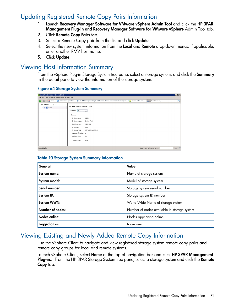 Updating registered remote copy pairs information, Viewing host information summary | HP 3PAR Application Software Suite for VMware User Manual | Page 81 / 104