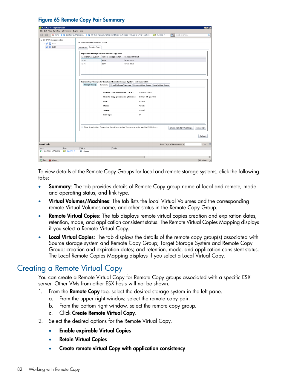 Creating a remote virtual copy | HP 3PAR Application Software Suite for VMware User Manual | Page 82 / 104