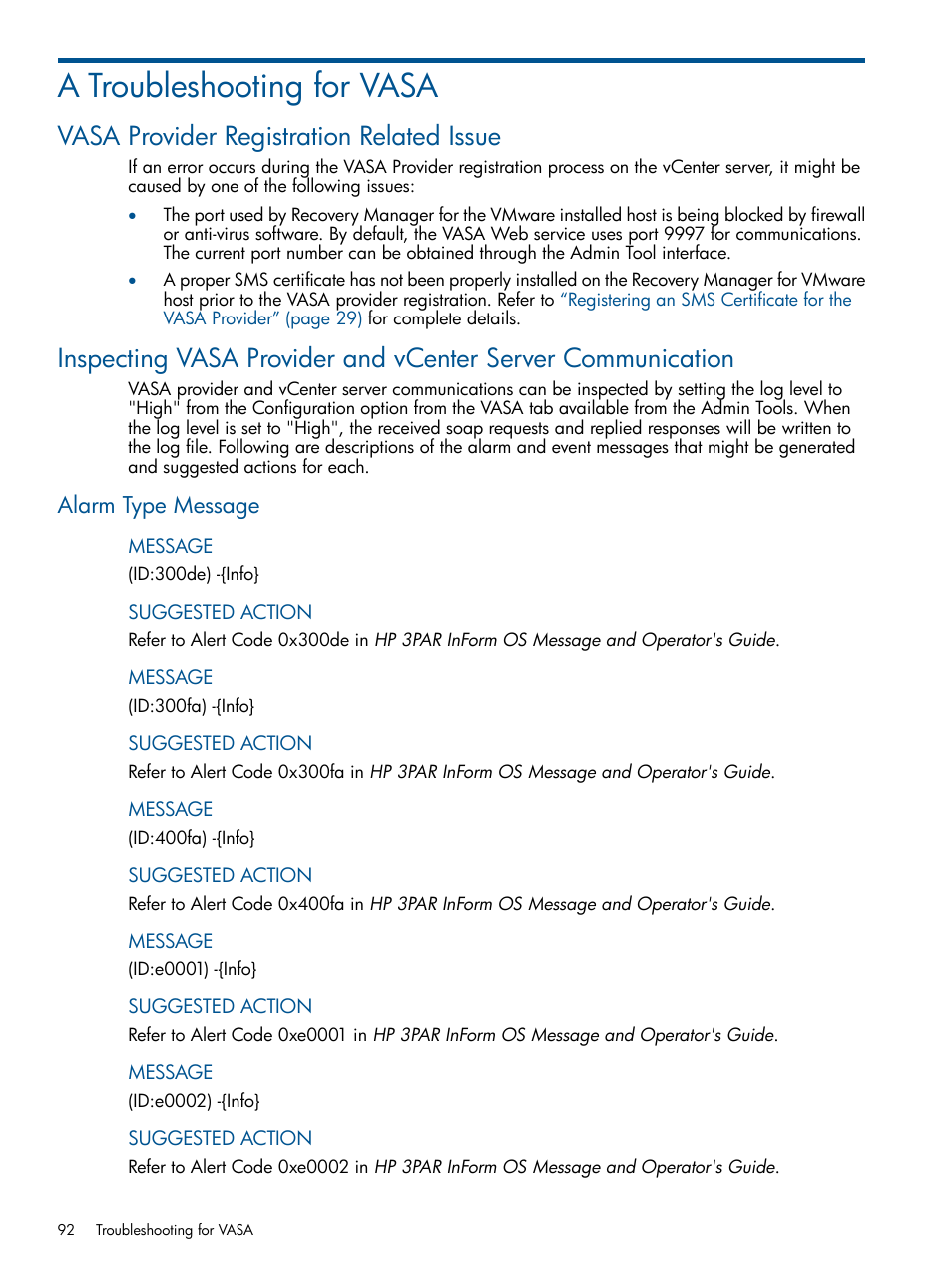 A troubleshooting for vasa, Vasa provider registration related issue, Alarm type message | Troubleshooting for vasa | HP 3PAR Application Software Suite for VMware User Manual | Page 92 / 104
