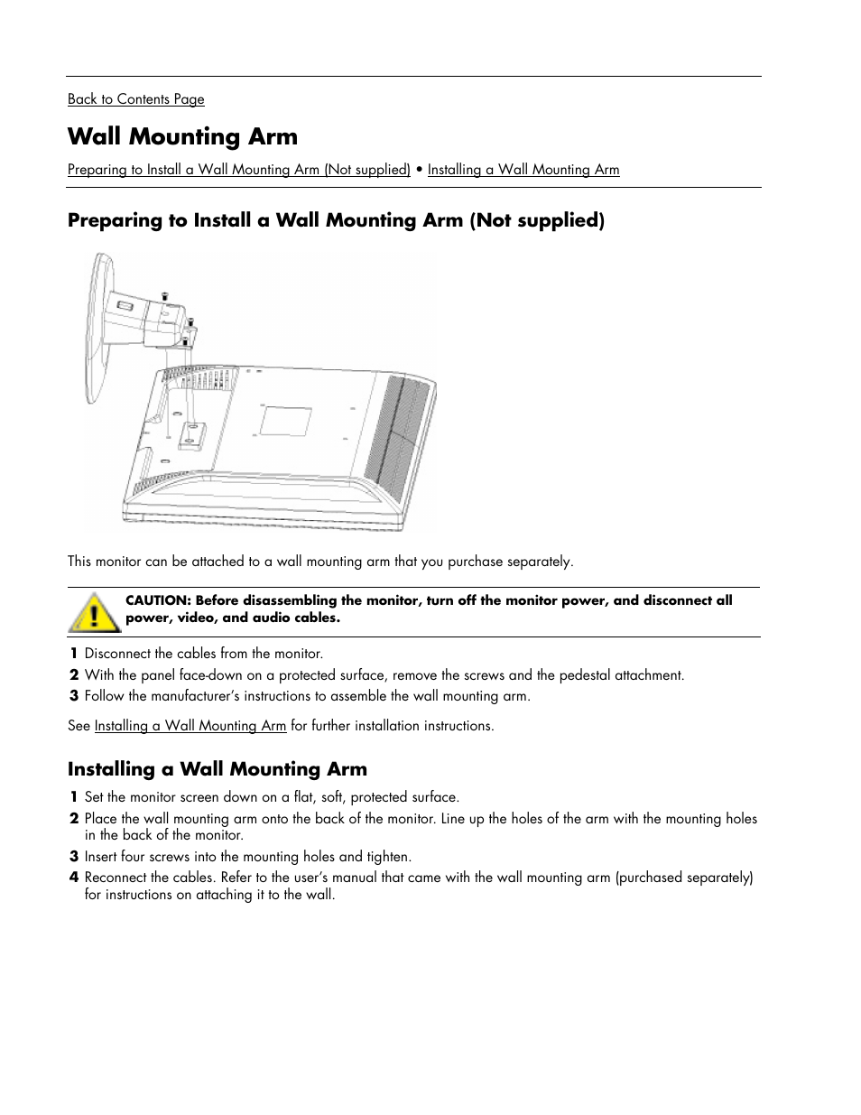 Wall mounting arm, Installing a wall mounting arm | HP w17e 17-inch Widescreen LCD Monitor User Manual | Page 10 / 28