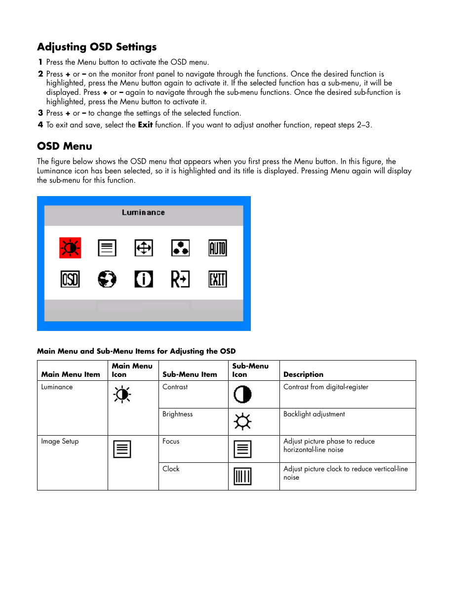 Adjusting osd settings, Osd menu, Adjusting osd settings • osd menu | HP w17e 17-inch Widescreen LCD Monitor User Manual | Page 14 / 28