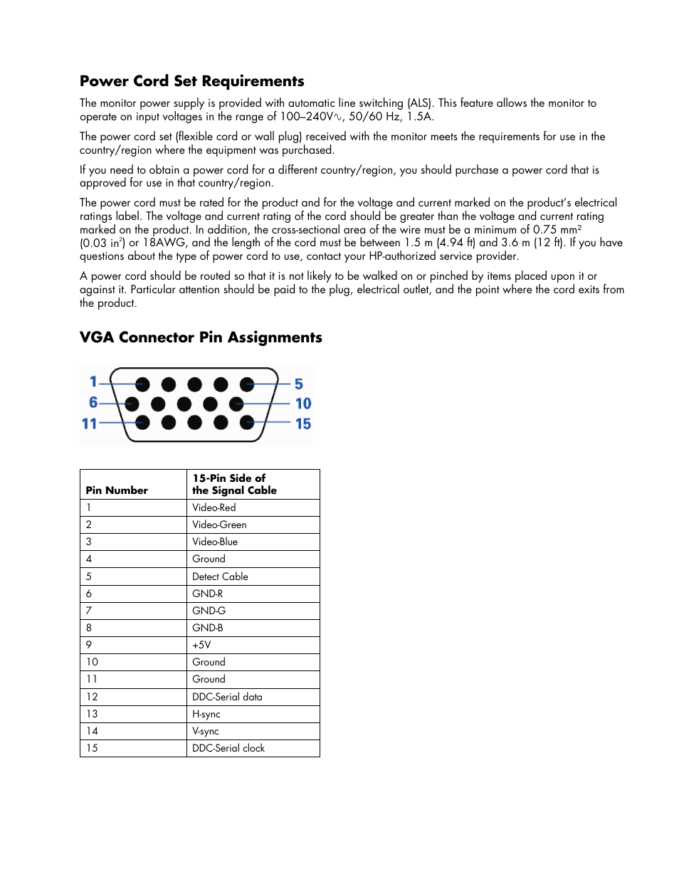Power cord set requirements, Vga connector pin assignments | HP w17e 17-inch Widescreen LCD Monitor User Manual | Page 21 / 28