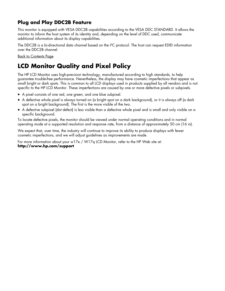 Plug and play ddc2b feature, Lcd monitor quality and pixel policy | HP w17e 17-inch Widescreen LCD Monitor User Manual | Page 22 / 28