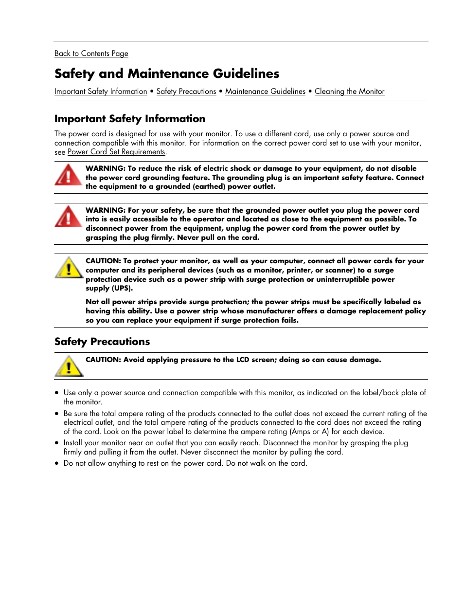 Safety and maintenance guidelines, Important safety information, Safety precautions | HP w17e 17-inch Widescreen LCD Monitor User Manual | Page 3 / 28