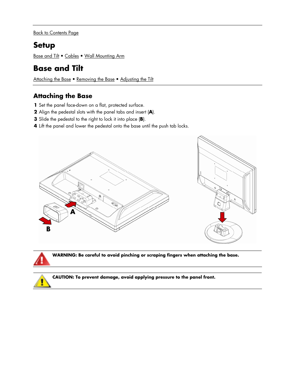 Setup, Base and tilt, Attaching the base | HP w17e 17-inch Widescreen LCD Monitor User Manual | Page 5 / 28