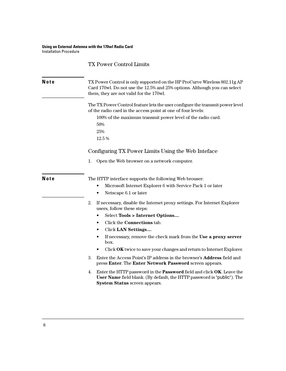 Tx power control limits, Configuring tx power limits using the web inteface | HP ProCurve 802.11g Access Point Card 170wl Series User Manual | Page 10 / 14