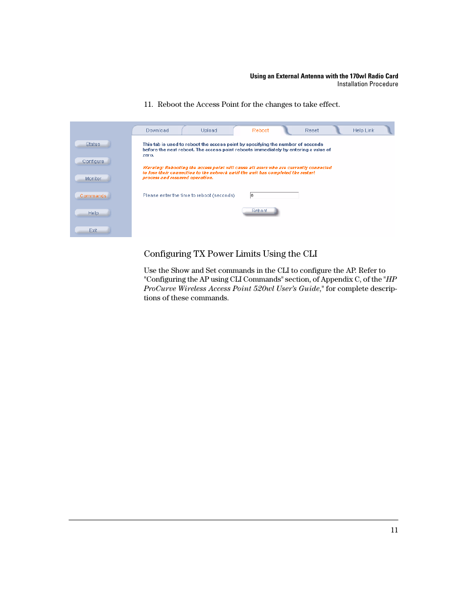 Configuring tx power limits using the cli | HP ProCurve 802.11g Access Point Card 170wl Series User Manual | Page 13 / 14