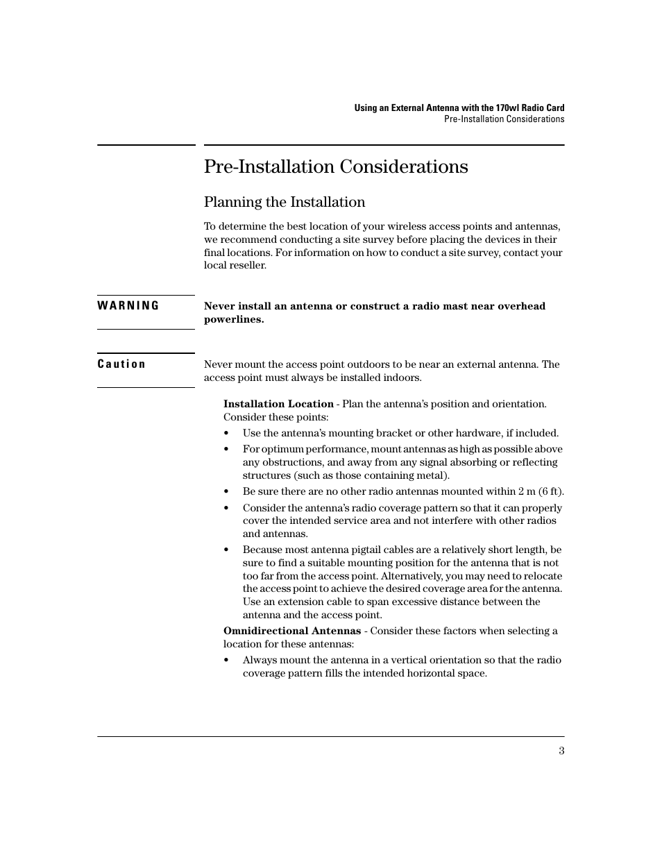 Pre-installation considerations, Planning the installation | HP ProCurve 802.11g Access Point Card 170wl Series User Manual | Page 5 / 14